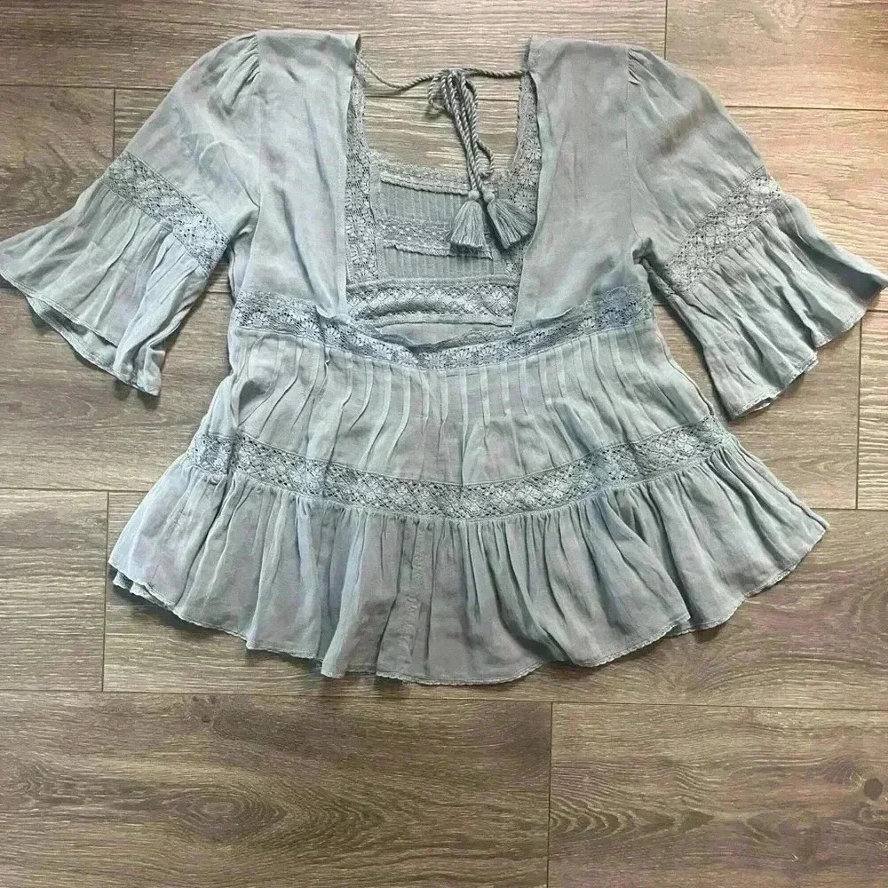 Free People Light Blue Peasant Top with Lace Accents and Tassel Tie Size XS - Picture 2 of 8